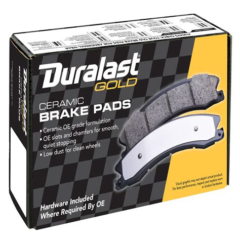 Replace with Rotors and new brake hardware for maximum stopping power, longer life, and less noise. . Duralast gold ceramic brake pads